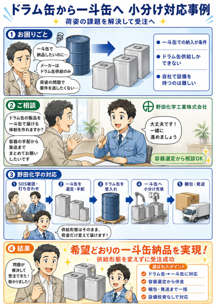 ドラム缶製品の一斗缶化による販路開拓を紹介する4コマ漫画。エンドユーザーから一斗缶での納入を求められたものの小分け対応ができないという課題に対し、野田化学が荷姿・仕様を調整して一斗缶を選定・手配し、ドラム缶からの小分け充填、梱包、発送まで一括対応して、供給形態を変えずに新規受注を実現した流れを描いている。