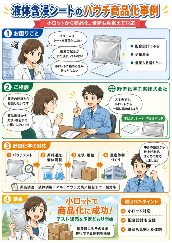液体含浸シート製品のアルミパウチ充填事例を紹介する4コマ漫画。薬液の知見がなく小ロットでの充填先も見つからないという課題に対し、野田化学が支給されたパウチ容器で封入・シールテストを実施し、原料選定と液体調製のサポートから薬品調達、アルミパウチ充填、梱包まで一括対応して、テストマーケティング開始と量産移行を見据えた製造体制の構築を実現した流れを描いている。