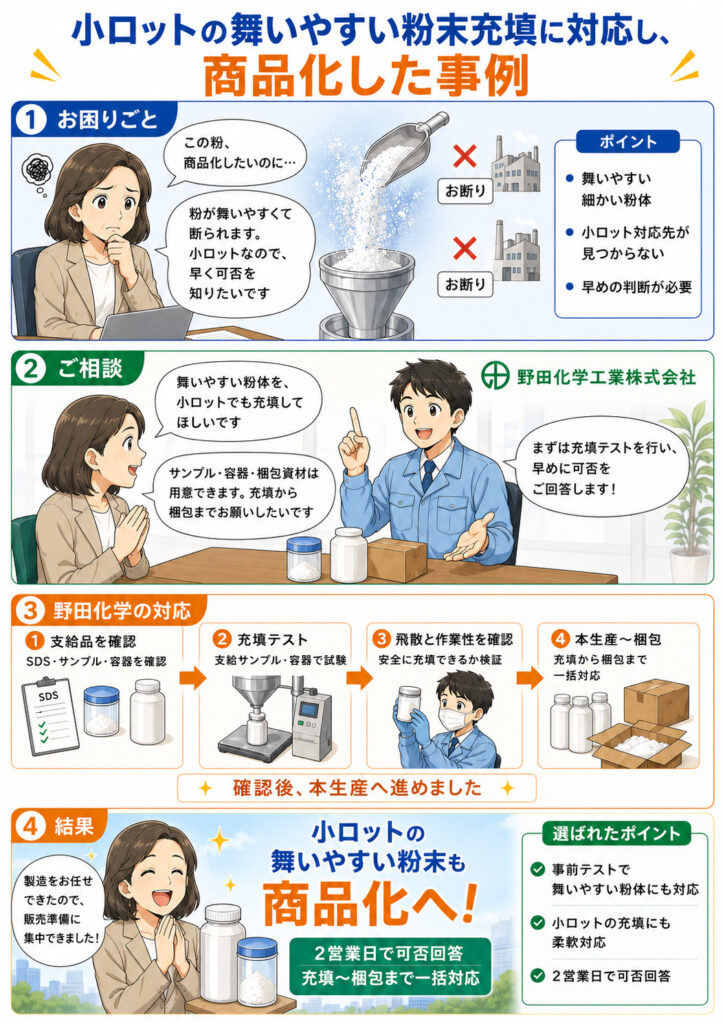 舞いやすい粉体の小ロット充填事例を紹介する4コマ漫画。顔料を含む細かい粉体が飛散しやすく小ロットのため充填先が見つからないという課題に対し、野田化学が支給されたサンプルと容器で充填テストを実施し、飛散状況と作業性を確認したうえで充填から梱包まで一括対応して、サンプル到着から2営業日での可否回答と販売開始を実現した流れを描いている。