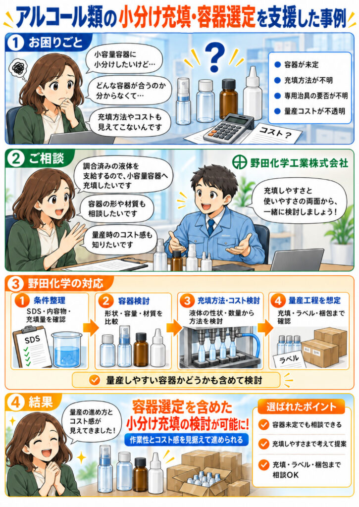 アルコール類の小分け充填と容器選定の事例を紹介する4コマ漫画。容器も充填方法もコストも分からないという課題に対し、野田化学が内容物のSDS、充填量、容器形状・容量・材質、想定生産数量を確認し、充填作業性と量産コストを考慮した容器選定と充填方法を提案した流れを描いている。